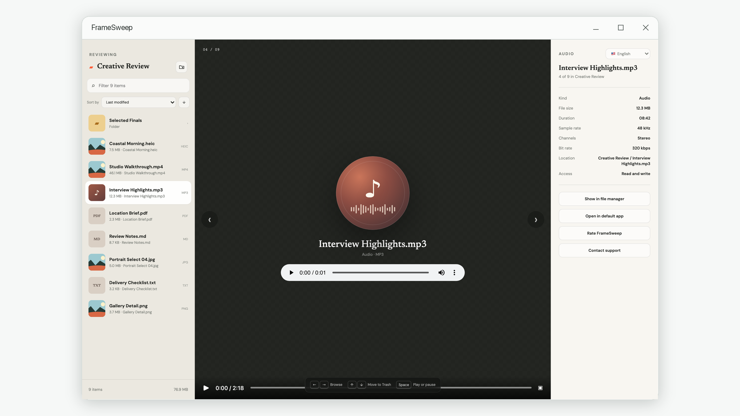 FrameSweep audio preview with playback controls and recording details