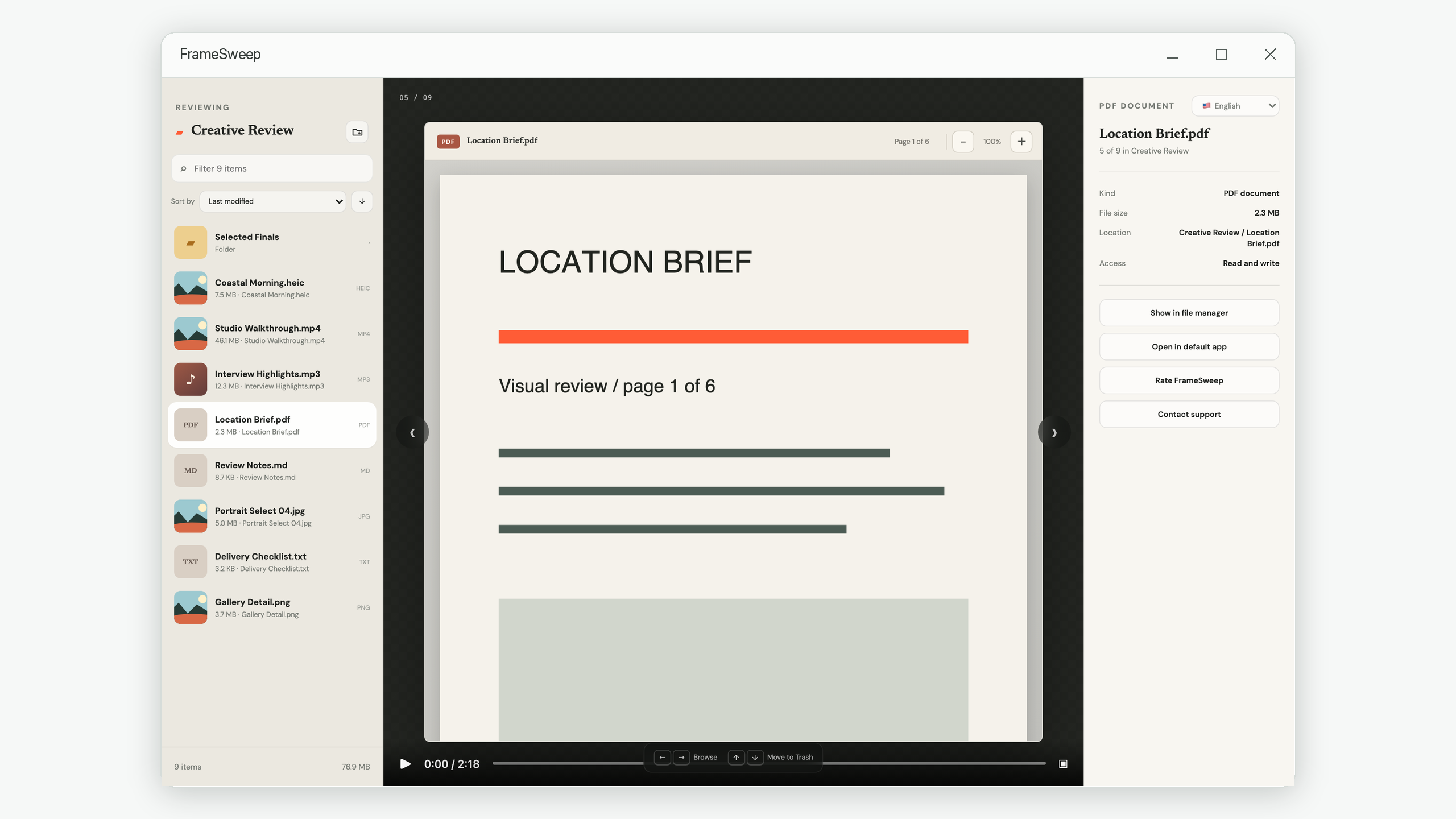 FrameSweep continuous PDF preview with page count and zoom