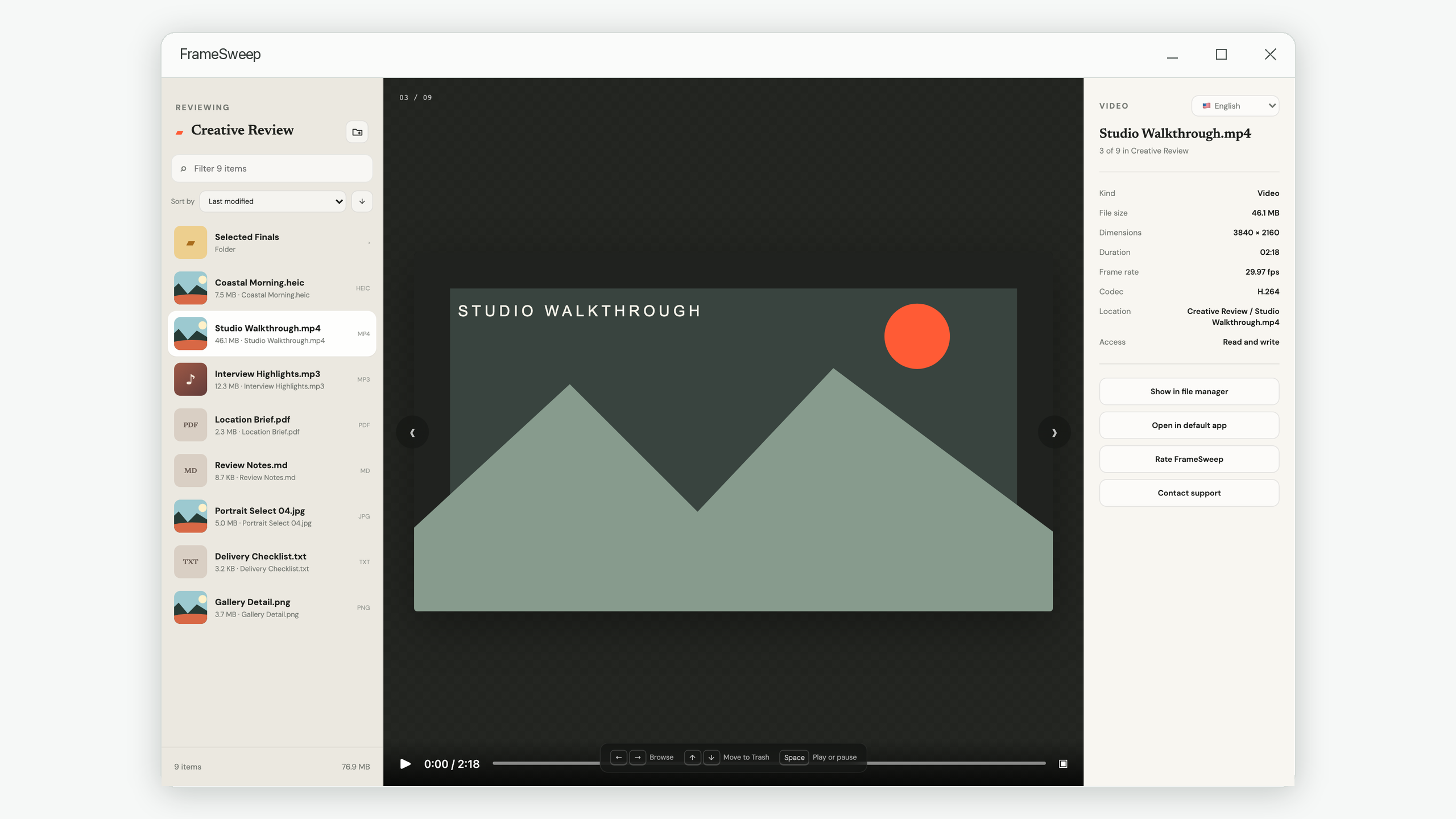 Video preview with a playback timeline, duration, dimensions, frame rate, and codec