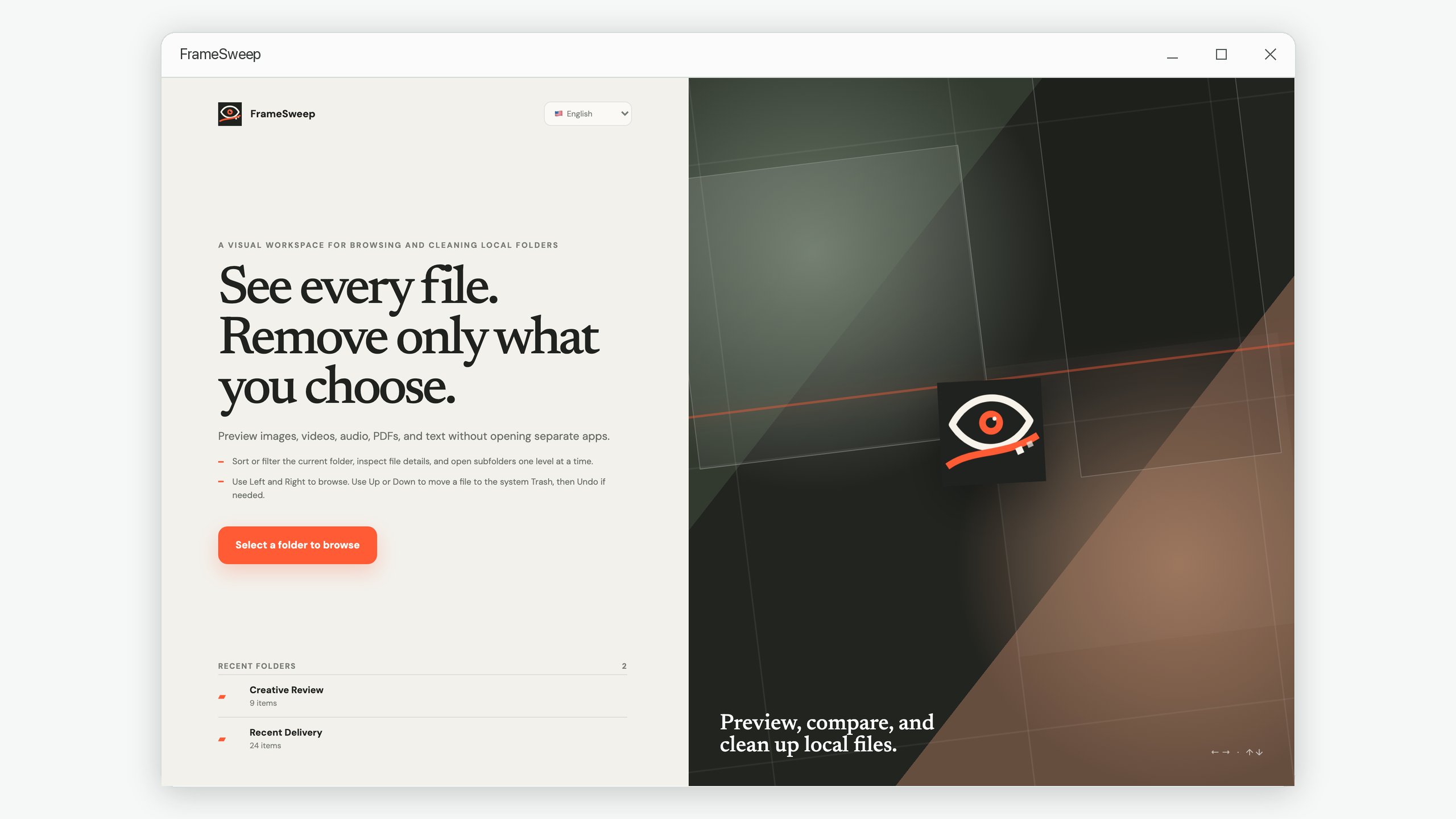 A visual file review application emphasizing browsing, previewing, and moving chosen files to Trash